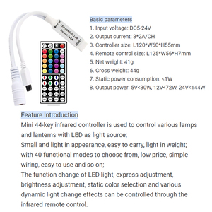 RGB Mini Controller 5V 12V 24V 6A 3-Wege-PWM-Signal IR 44-Tasten-Funkferndimmer für LED-Farbstreifen leuchten mit konstanter Spannung - Product Image 2