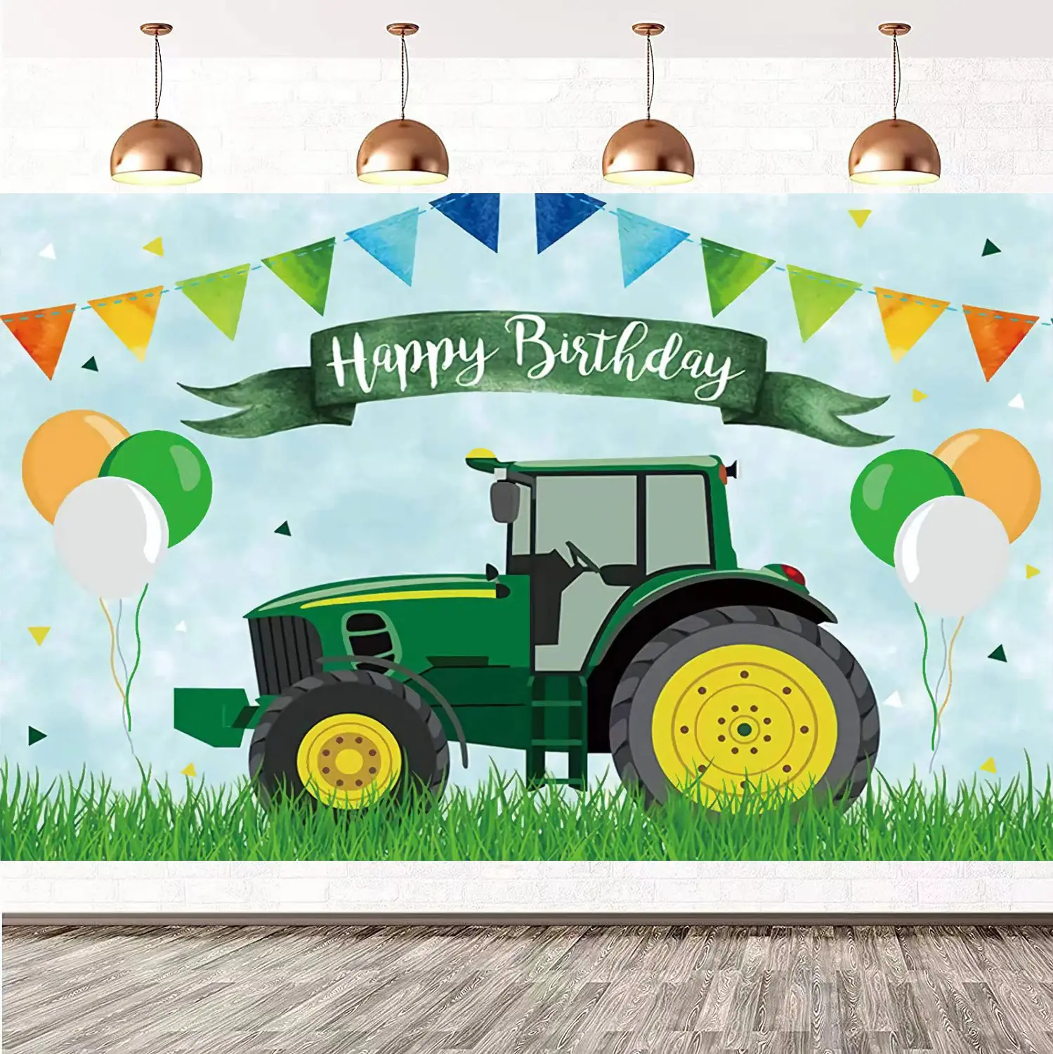 Tracteur agricole 7x5 pieds, arrière-plan d'anniversaire pour enfants, ballon d'herbe verte, nuages de drapeau colorés, arrière-plan de photographie, joyeux 1er anniversaire
