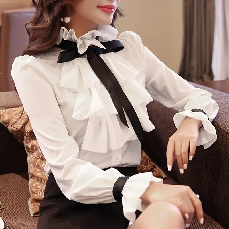 Blusa de manga larga Chifón con para oficina, camisa blanca con volantes y lazo para mujer, 2022