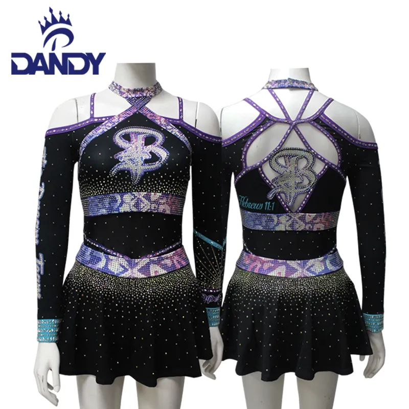 Dandy Tùy Chỉnh Màu Tím Womens Rhinestone Chuyển Cổ Vũ Đồng Phục Sexy Cổ Vũ Trang Phục Cổ Vũ Đồng Phục