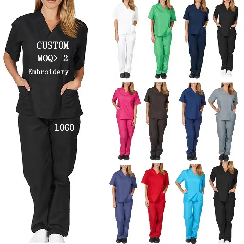 2024 Mulheres Hetero Enfermagem Uniformes Hospitalares Scrub Set Personalizado Respirável V Pescoço Médico Scrub Duas Peças Scrubs Uniformes Conjuntos