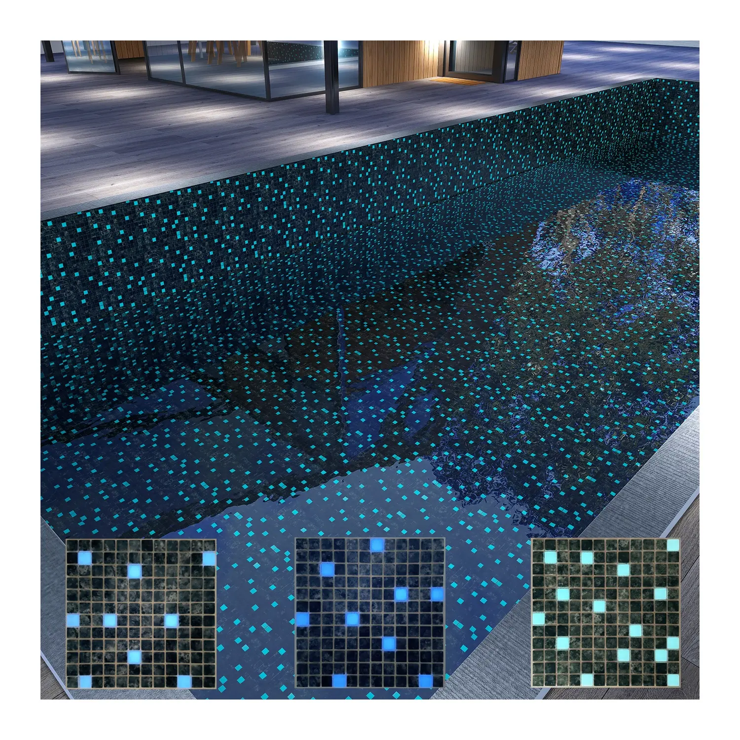 Recycler verre Art carré jet d'encre lumineux bleu couleurs brillent dans le carreau de mosaïque en verre foncé pour piscine