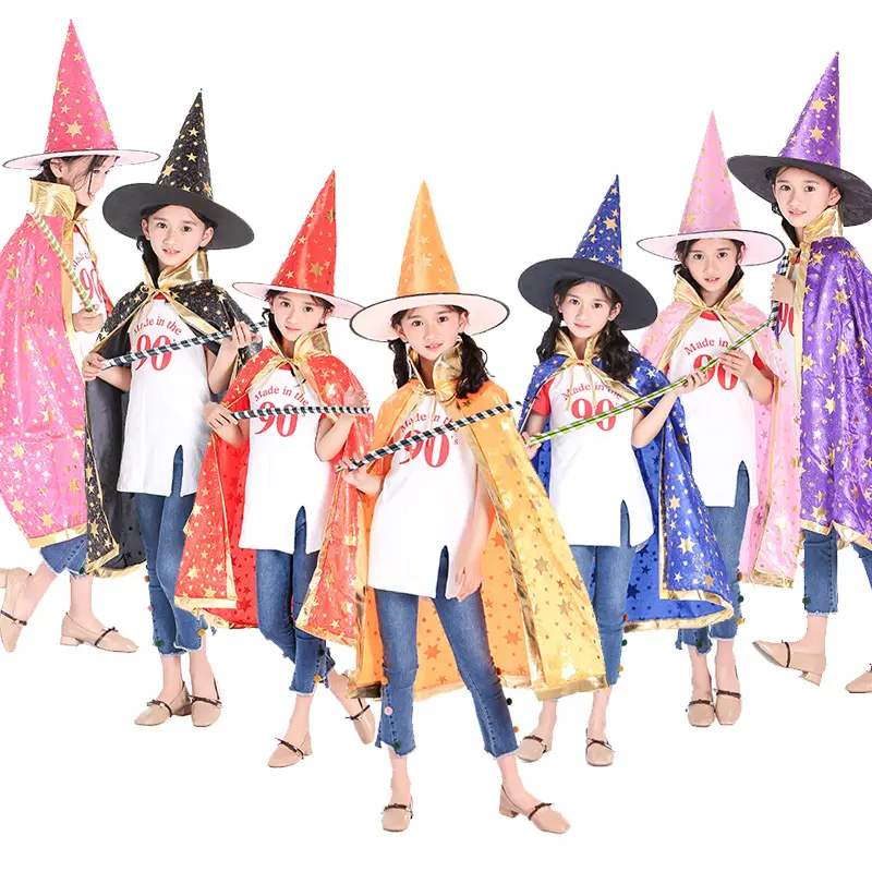 Carnival Party Star Sparkly Shiny Cape Hat Set Disfraz de mago Capa de Mago de Halloween con sombrero puntiagudo