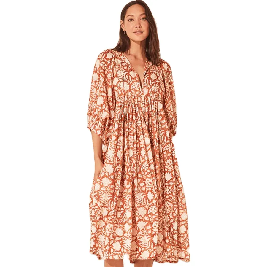 Vestido longo de lanterna vintage estampado primavera estilo chinês para mulheres, camisa longa para mulheres, vestido de roupão com gola de boneca e cintura, novo estilo chinês