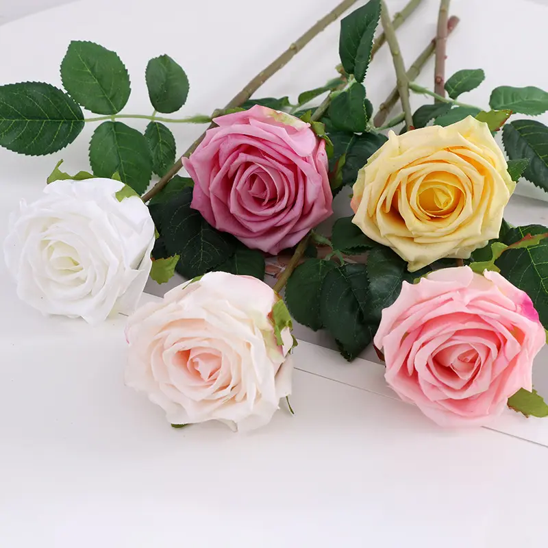 Flores artificiales de seda de alta calidad, rosas de látex de tacto real de lujo para boda