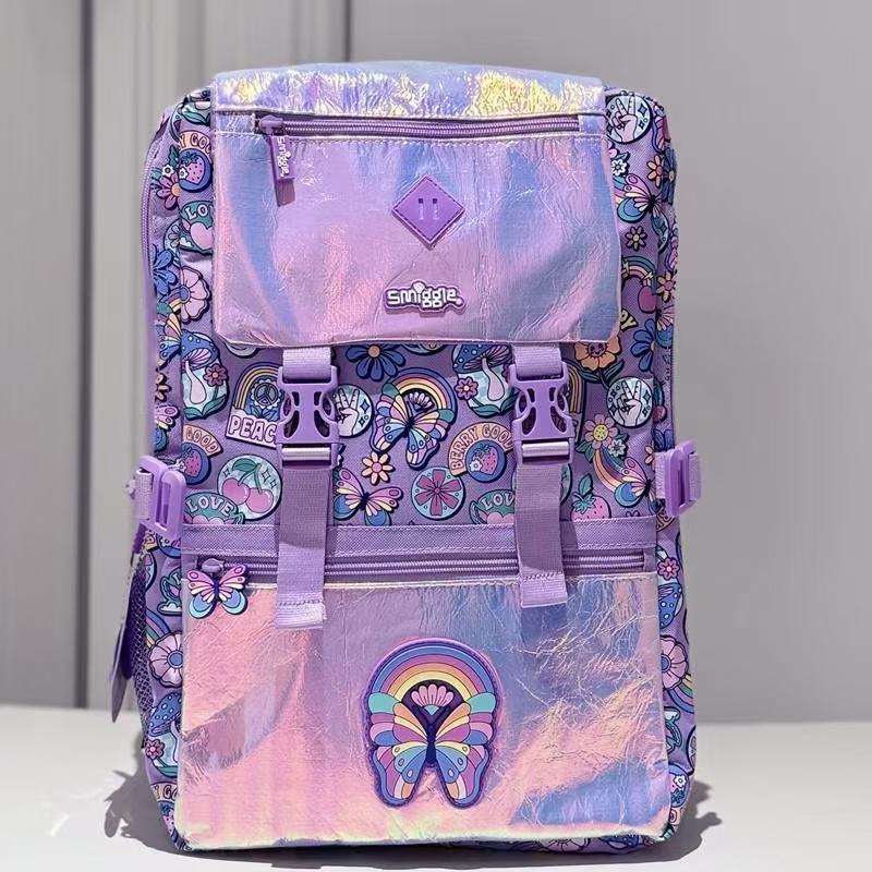 Purple laser-printed butterfly double-buckle messenger bag