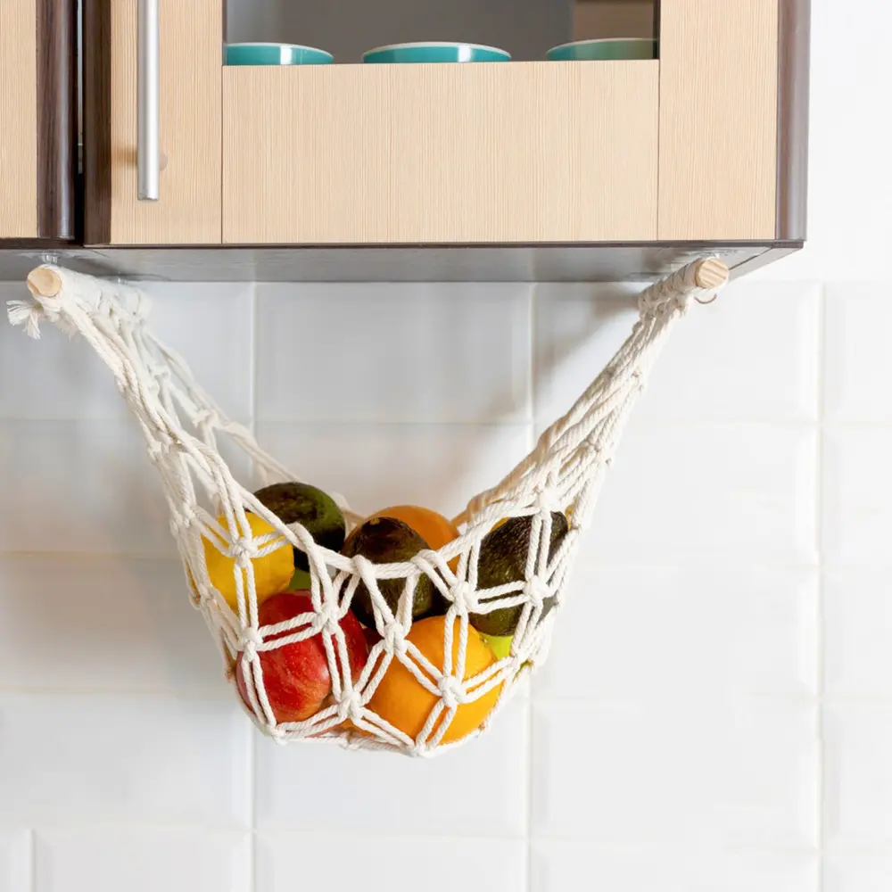 手織りフルーツネットバッグキッチン装飾ハンギングバスケットコットンロープ自由奔放に生きるタペストリー壁棚