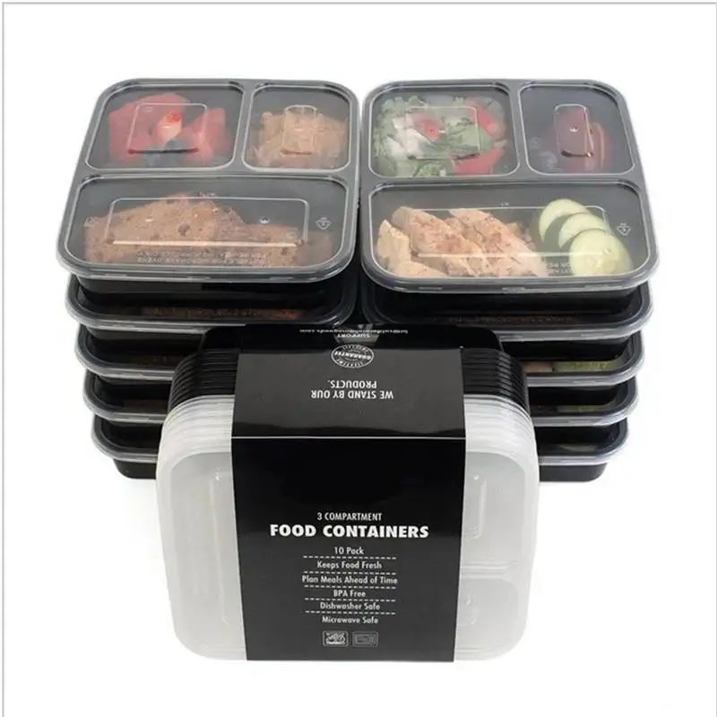 10PCS 1000ML Plastic Microwavable Meal Prep Containers Food Storage Boxes With Three Compartments for food