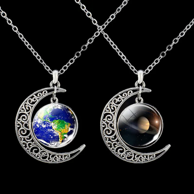 Ожерелье с изображением планеты, солнечной системы, земли, Сатурна, юбка, стеклянный кабошон, кулон, астрономическое украшение для космоса
