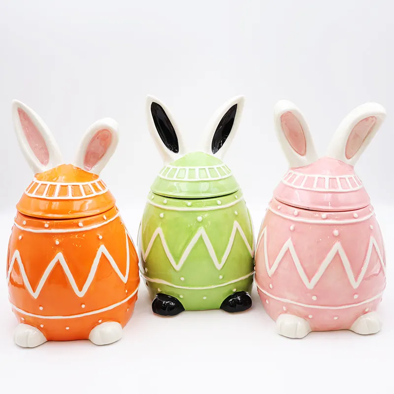 Personalizado lindo varios colores de cerámica conejo de Pascua dulces tarros conjunto al por mayor hogar Festival decoración contenedores de almacenamiento de alimentos