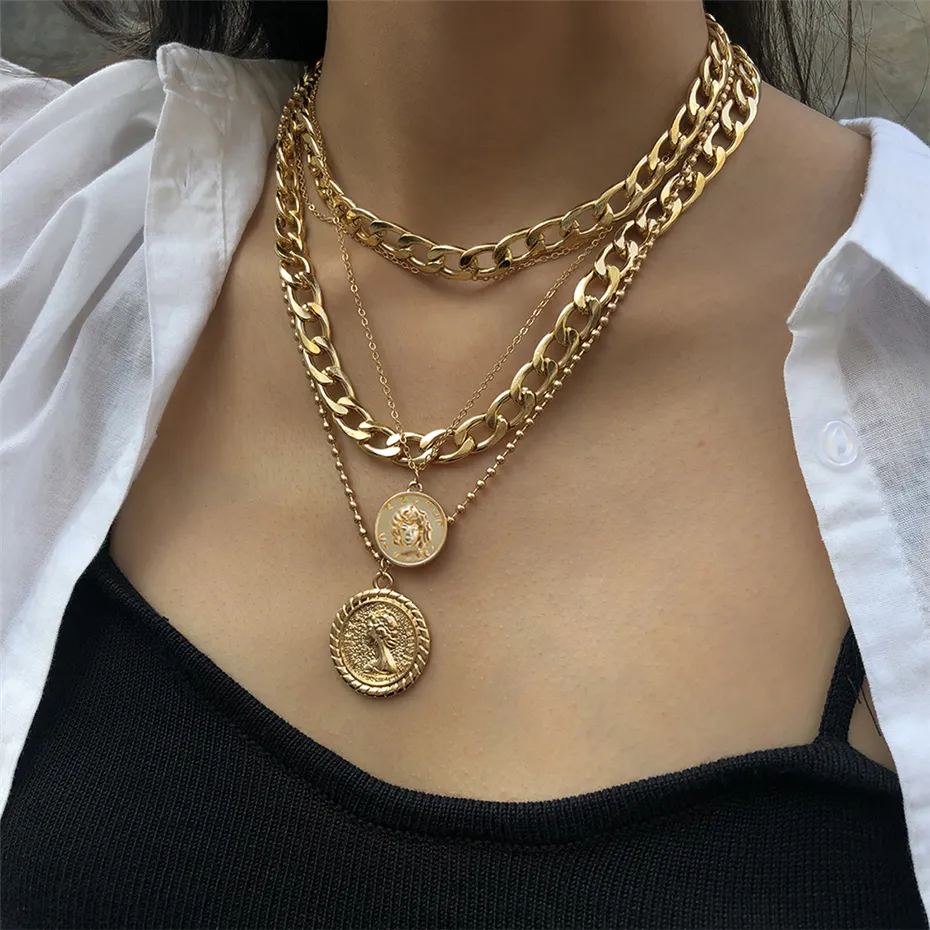 Ready to ShipIn StockFast DispatchPunk Multi Layer Curb Cuban Chunky Thick Choker Necklace Women Vintage Carved Coin Pendant Necklace Jewelry MF0006  