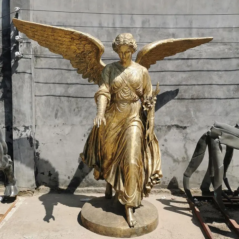 Decoración de jardín, escultura femenina alada de Metal fundido personalizado, estatua de Ángel de bronce antiguo de tamaño real