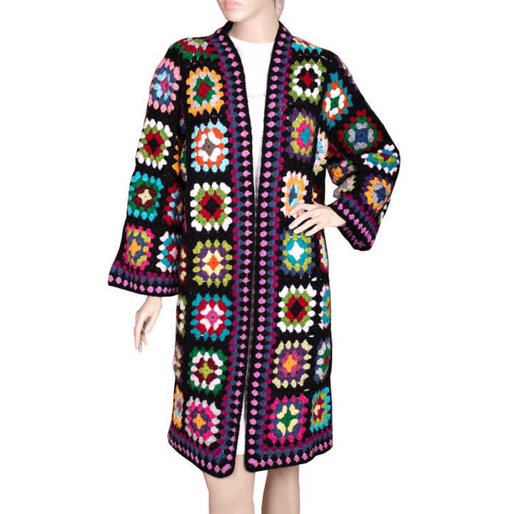 Cárdigan largo hecho a mano para mujer, de algodón, negro, de ganchillo, suéter, abrigo, Top de invierno