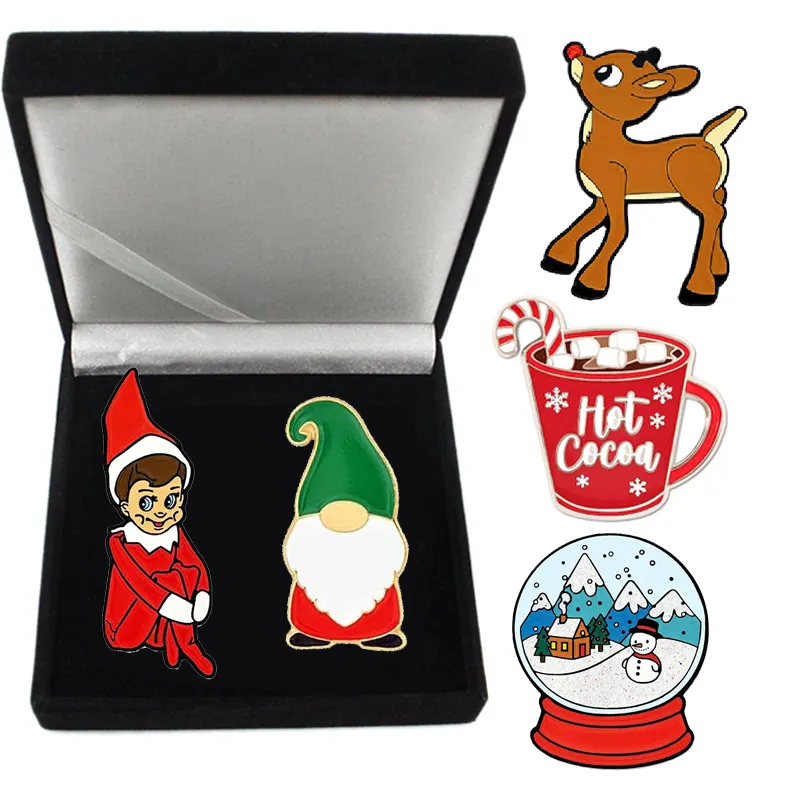 2023 New Plated Souvenir Custom Cute Snowman Santa Christmas Tree Enamel Pins Metal Crafts For Christmas Velvet Box For Pins