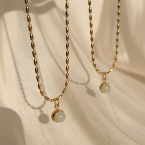 Moda paslanmaz çelik 18k altın kararmaz ücretsiz Oval boncuk zincir küçük yuvarlak doğal Opal taş yeşim taşlı kolye kadınlar için - Product Image 1