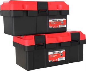Maxpower工具箱红色14英寸塑料小工具箱，带可拆卸托盘，带双锁固定