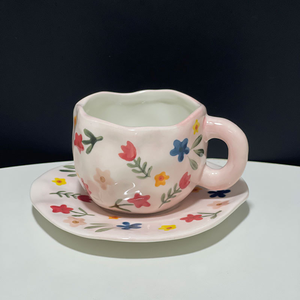 Chinese Underglaze Color Hand-painted Green pink Cloth Coffee <strong>Cup</strong> and Saucer Hand-pinched Irregular Ceramic <strong>Cup</strong> and Saucer Set - Product Image 3