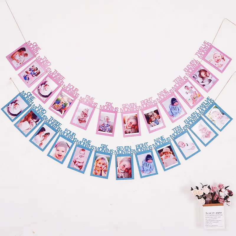 Nicro-marco de fotos de recuerdo de 12 meses, cartel de feliz cumpleaños, decoración de pared, Bandera de tirar, suministros de fiesta para bebé, niño y niña