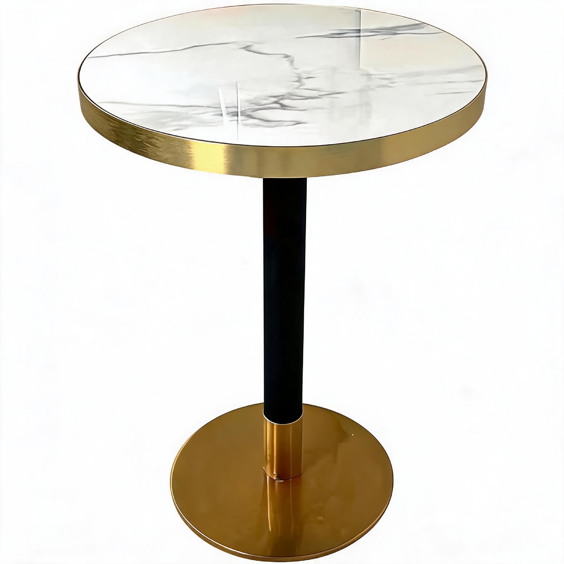 Table ronde finition brillante, acier inoxydable blanc neige-or noir