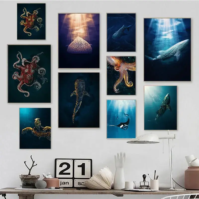 Blue Green Ocean Octopus Turtle Whale Shark Animal Seascape Painting Art Print Landscape Picture Nordic Home Wall Art