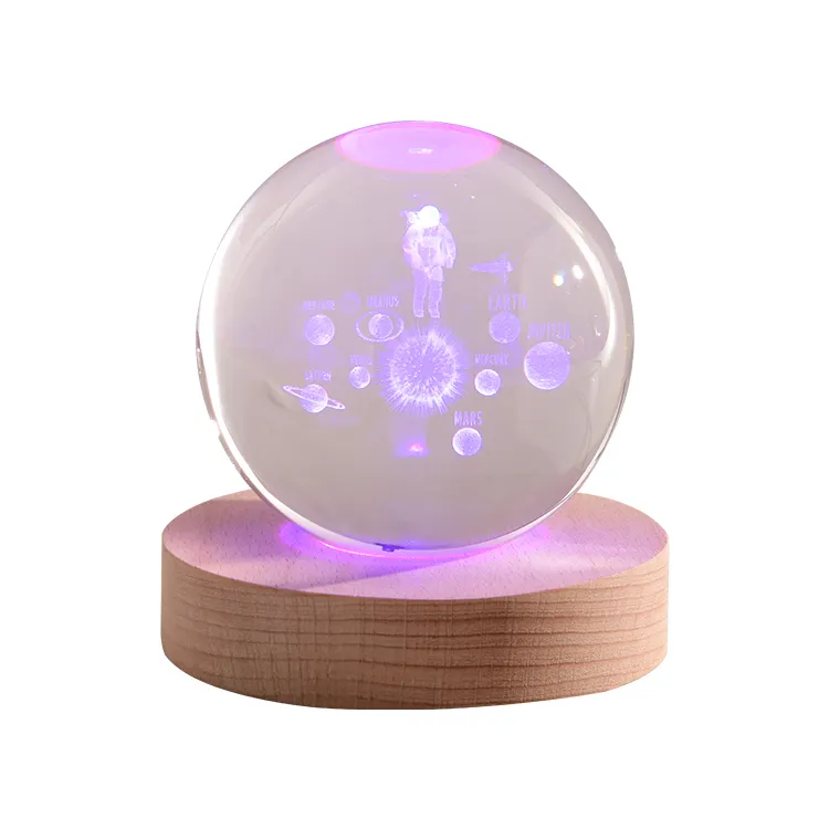 RGB 7-Color Acrylic Crystal Glass Lamp 3D Dream Crystal Ball Lamp with LED Light for Decorating Astronaut Moon in Room Table
