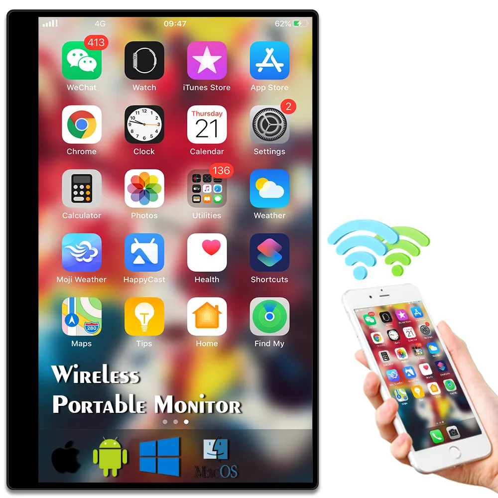 Sibolan-pantalla portátil de 15,6 pulgadas, 1080p, Miracast, Wifi, para I & phone M & ac, teléfonos móviles, Windows, Monitor externo inalámbrico táctil