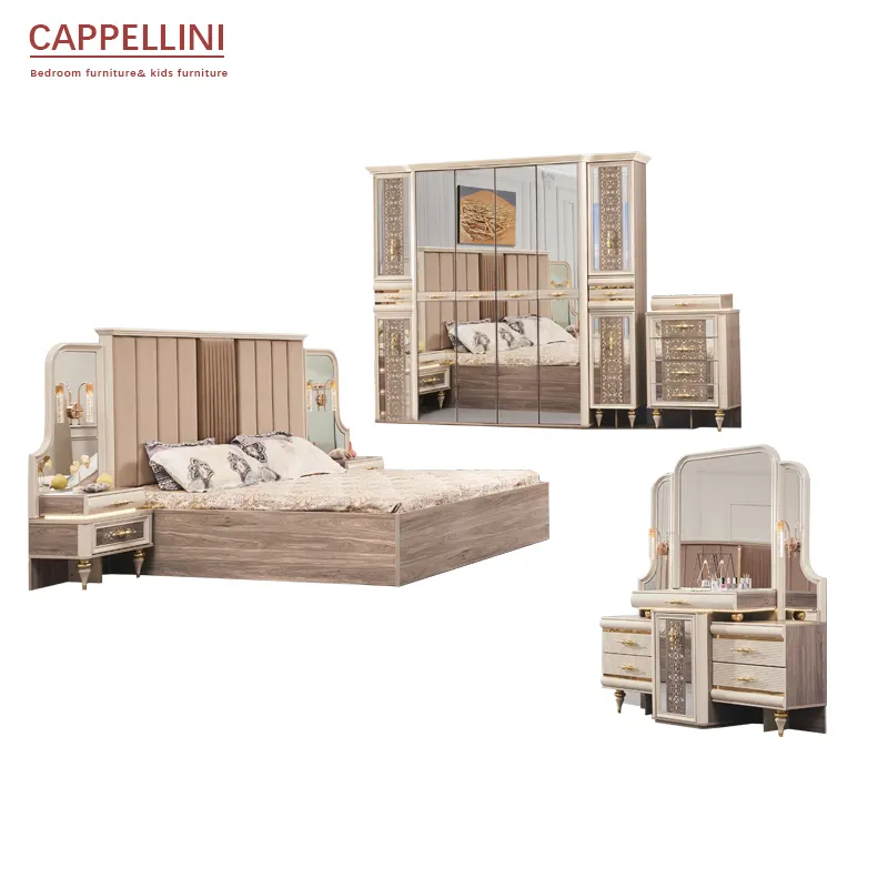 Juego de cama king y queen de lujo, estilo popular de Dubái, con cajón, armario, mesa de maquillaje, dormitorio