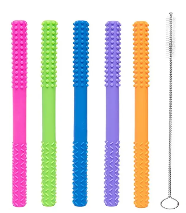 CE Amazon hot sale 5 tubes with 1 brush baby teether food grade BPA free silicone teething tubes set sensory toys