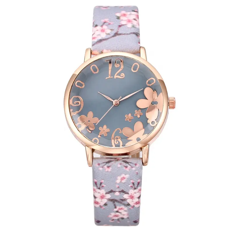 Y127 New arrival popular analog Ladies Wristwatch round PU leather strap flower quartz watches for women