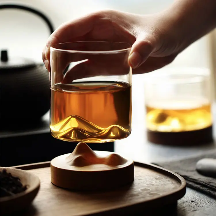 High quality heat resistant glass mountain cup with Wood base Whisky Glass Drinking Cup for Liquor Spirits