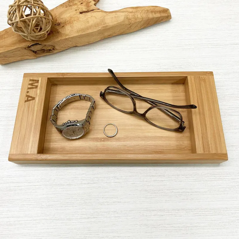 Wholesale custom logo large size unfinished wood serving tray rectangle watch phone bamboo wood storage trays