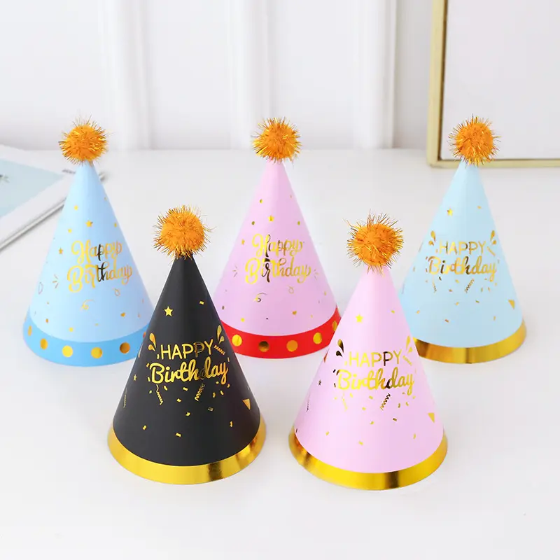 Gorra Fiesta de cumpleaños Sombrero Suministros para fiestas Fabricantes Negro y dorado Cono de feliz cumpleaños Sombreros de fiesta para niños Decoración de cumpleaños