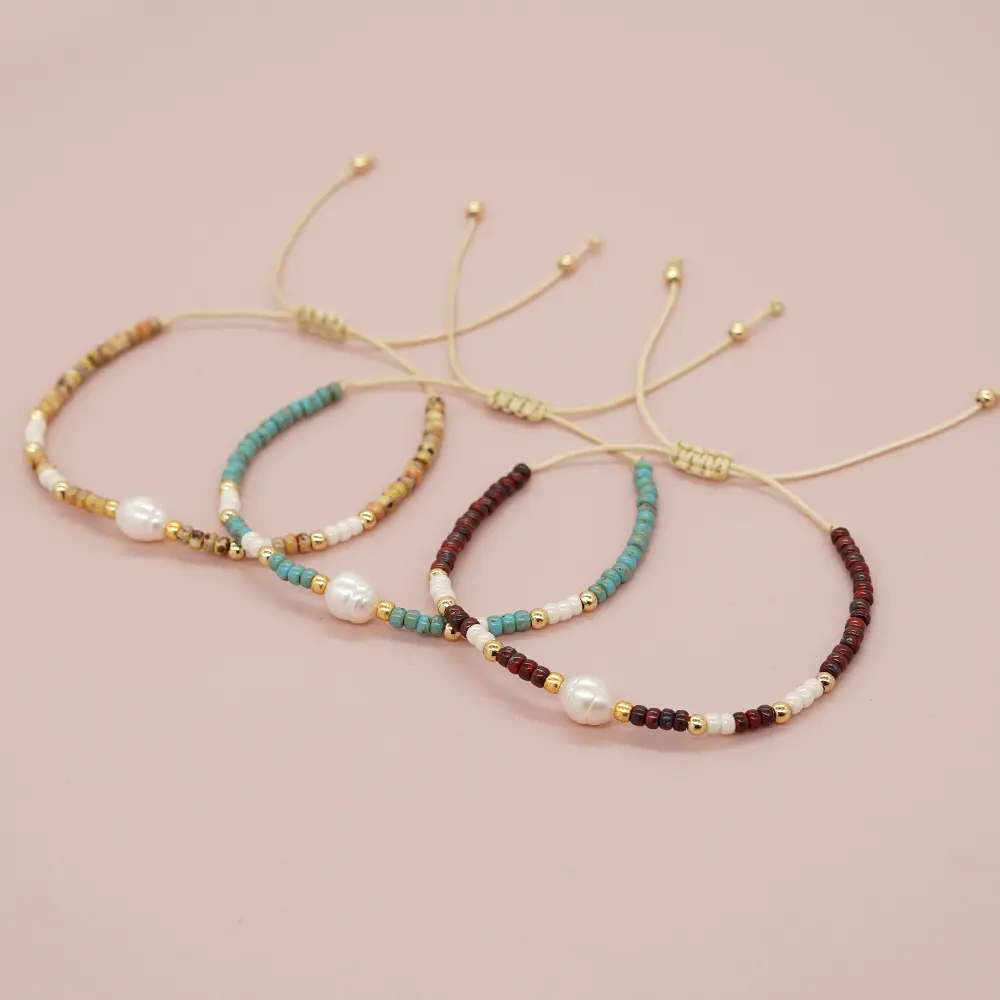 Braccialetto di perle di perle da donna fatte a mano perle d'acqua dolce pietra Semi-preziosa pila gioielli regolabili