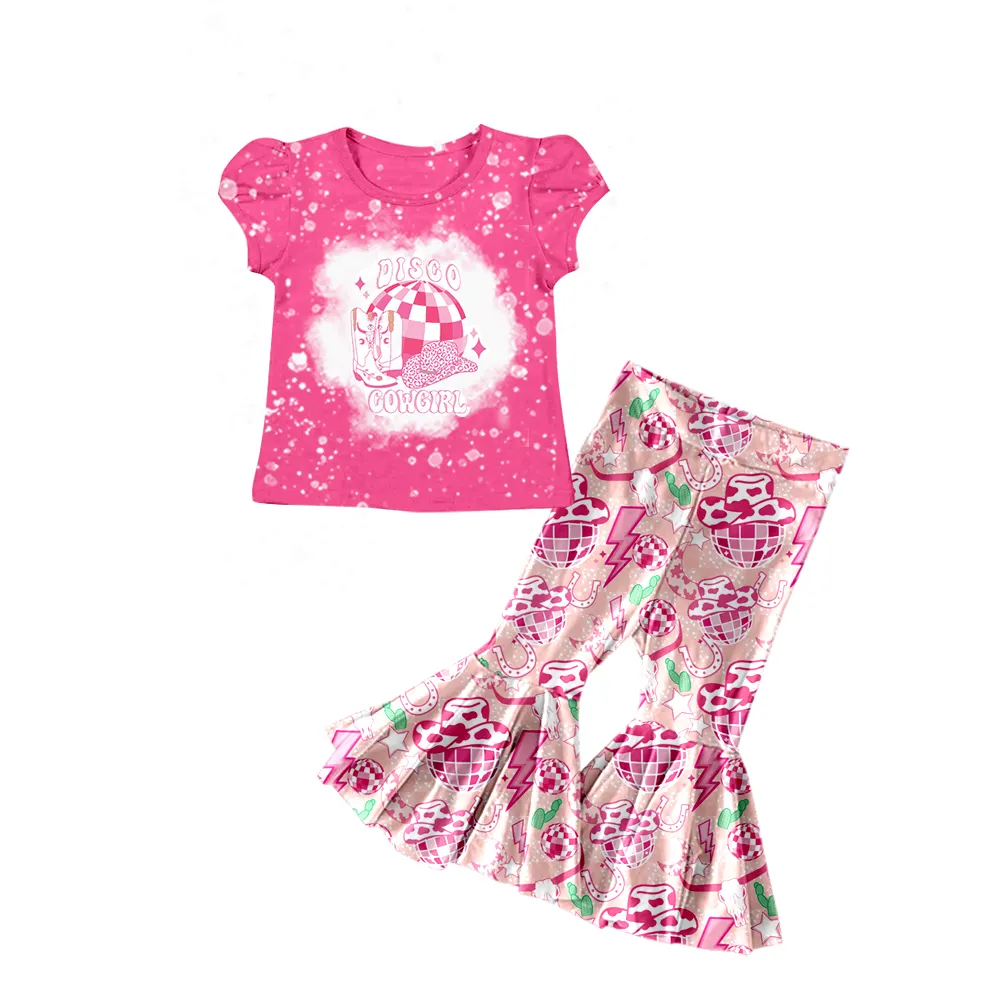 Vorbestellung Boutique Western Disco Cowgirl Mädchen T-Shirt Flare Outfits rosa Rüschen Mädchen Kleid Großhandel Kinder kleidung für Mädchen