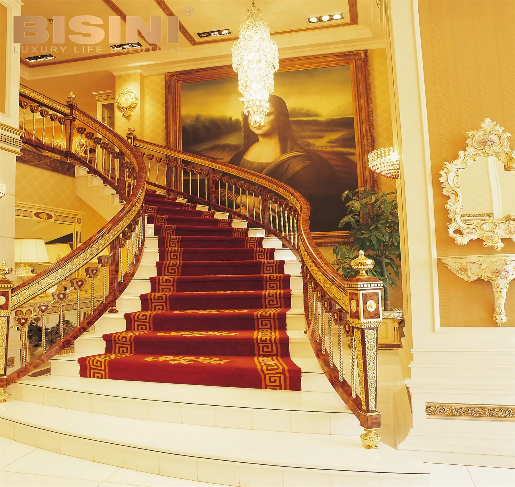 Precioso pasamanos de latón de diseño elegante residencial de balaustrada de escalera de cobre de palacio
