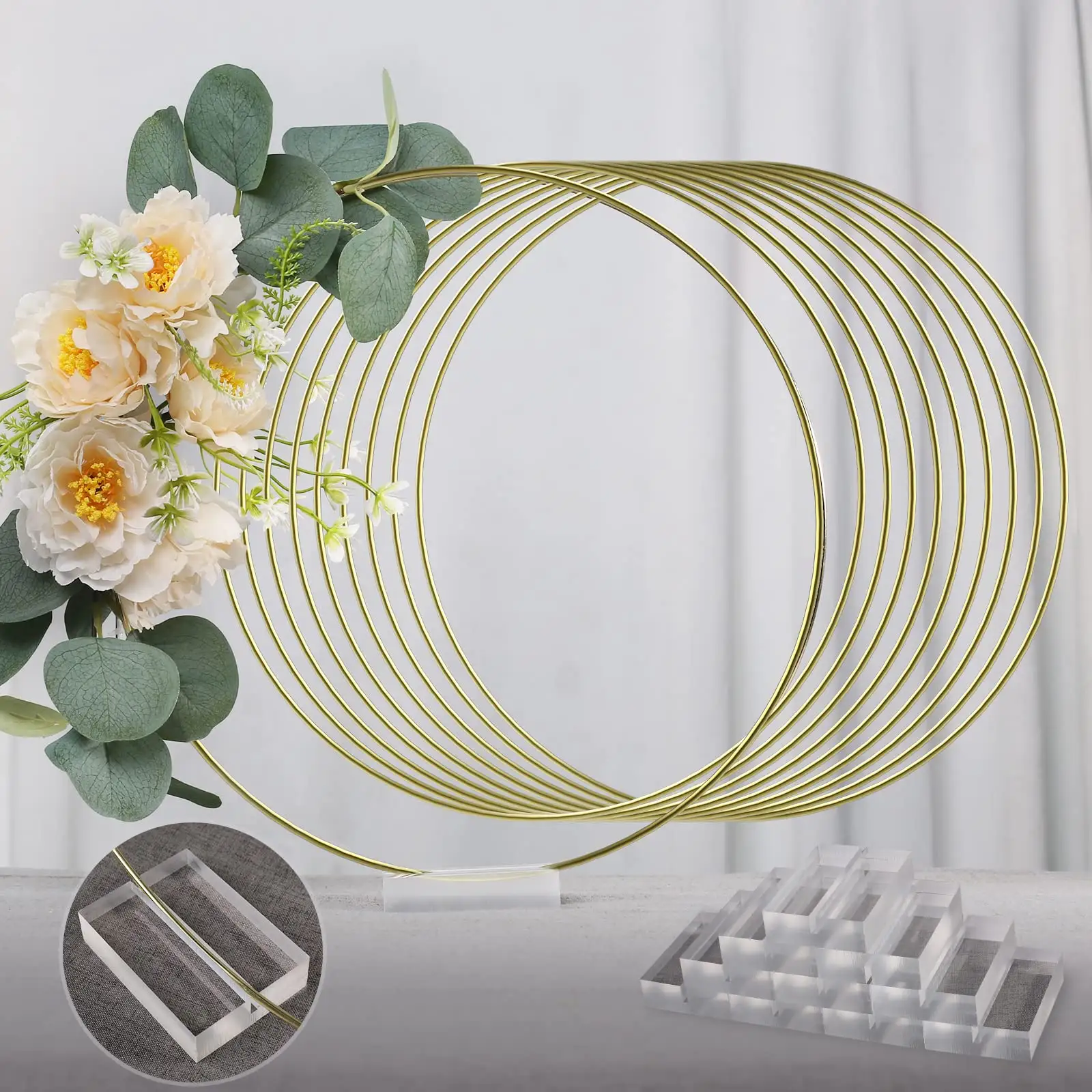 Ornamen kerajinan karangan bunga dekorasi meja pernikahan DIY dasar akrilik cincin besi emas karangan bunga logam Amazon