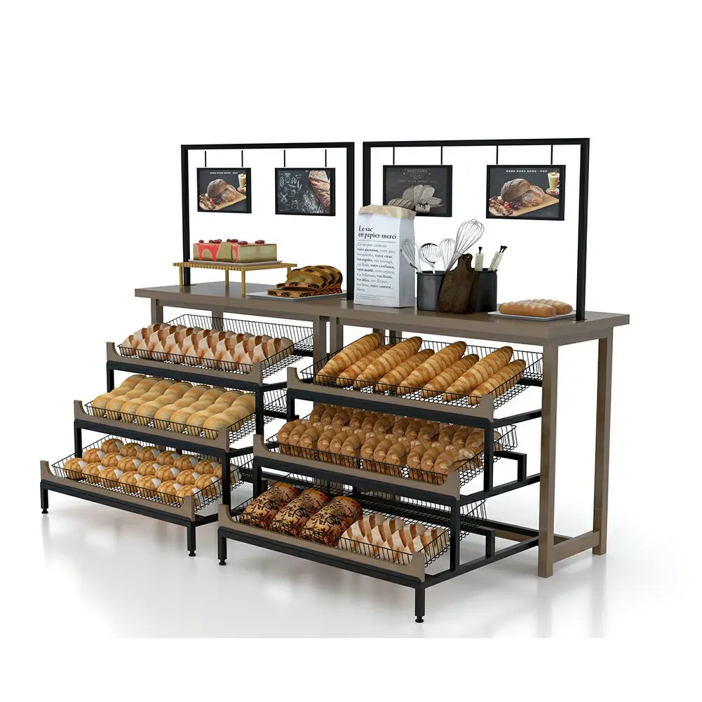 New Design Wooden Bakery Display Shelf Bread Display Rack Showcase for Store