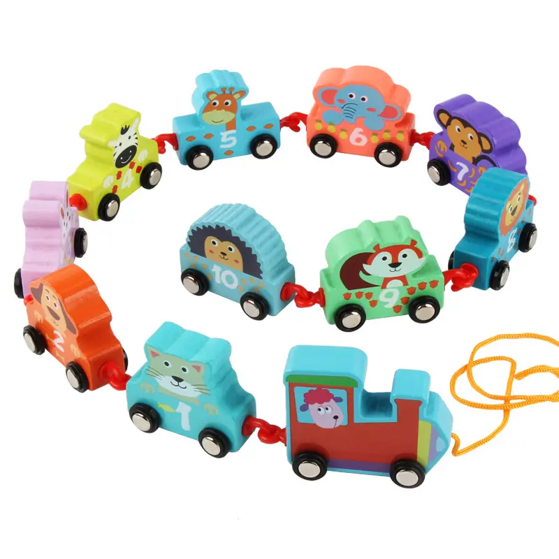 Tren de juguete de madera para niños, juguete de tren pequeño de arrastre de dibujos animados