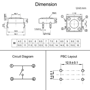 4 Pin Micro PCB Momentary Dip <strong>12x12</strong> Tactile Tact Push Button Momentary on OFF <strong>Switch</strong> H=5/6/7/8/9/10/12/13/15/16mm - Product Image 6