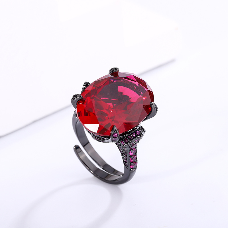 Bague en corindon rouge, or noir, taille ajustable