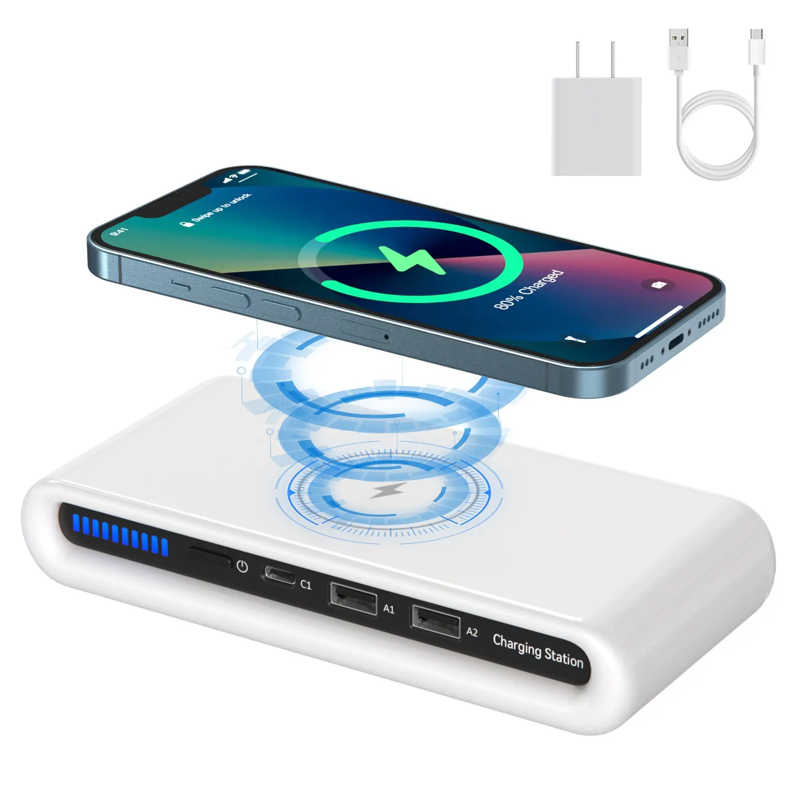 2 porte USB Type-c port 30W Desktop mobile phone fast 3 in 1 caricabatterie per stazione di ricarica wireless