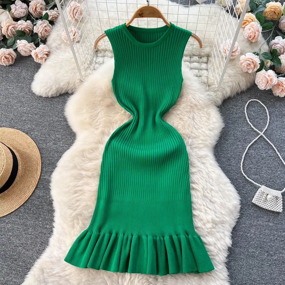 Robe pull en tricot vert pour femme, vêtements d'automne et d'hiver