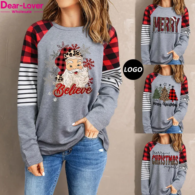 Dear-Lover Wholesale Custom Logo Graphic Print Christmas Fashion Blank Women Plaid Long Sleeve Knitted Top