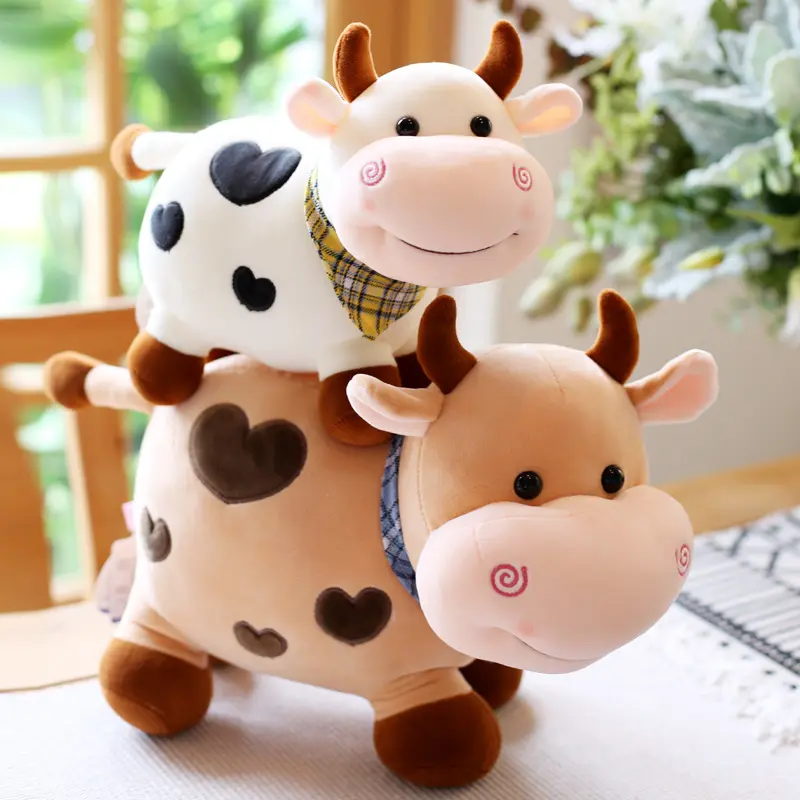 QY Stuffed High Quality Hot Sale Animals milk Cow Plush Peluche Products Heart Embroidery Cow Grab Machine Toys Wholesale