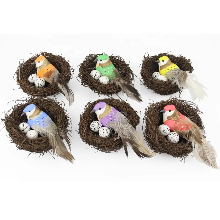 Peruca natural artificial, ninho de pássaros com espuma, ovos, ornamentos de páscoa, pássaro