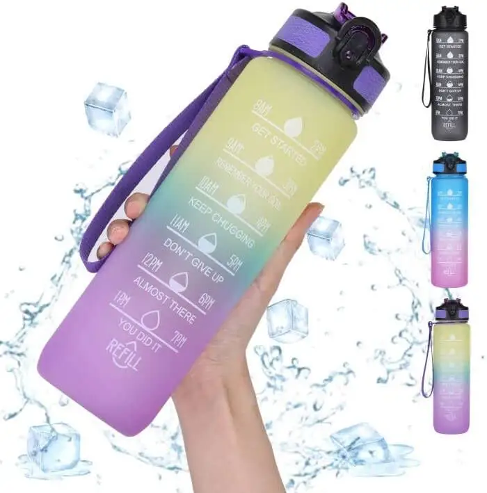 1 लीटर Bpa मुक्त गैलन प्लास्टिक की बोतलों 32 OZ Leakproof फिटनेस जिम खेल प्रेरक भूसे के साथ पानी की बोतल सुराही समय मार्कर
