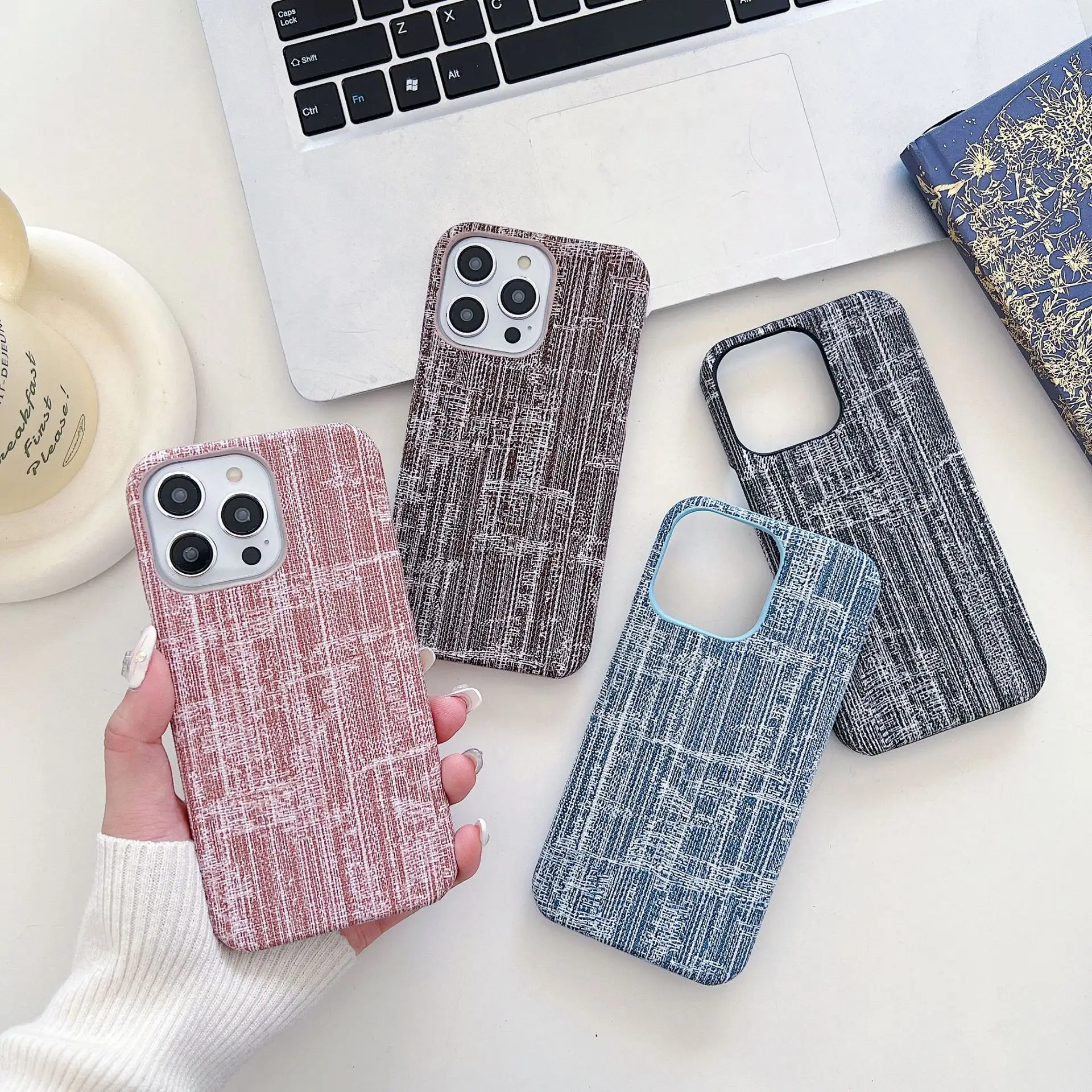 Màu Xanh Denim Jeans Và Ren Cứng Trở Lại Trường Hợp Đối Với iPhone 14 15 Pro Max 8 Cộng Với