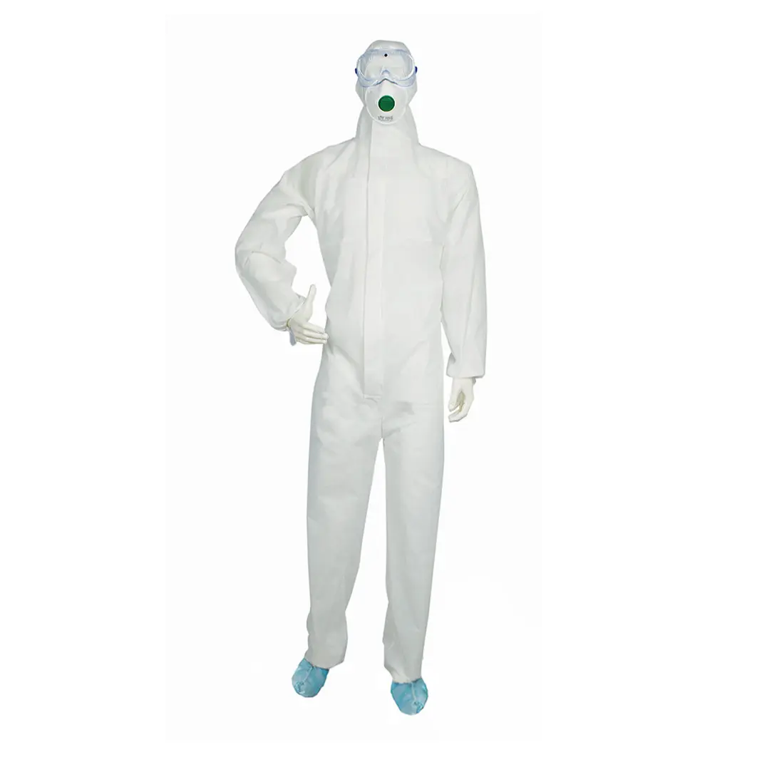 Tipi 56 temiz oda giyim beyaz boyama üniforma OEM LOGO kapşonlu nefes kumaş kimyasal dayanıklı tek kullanımlık tulum