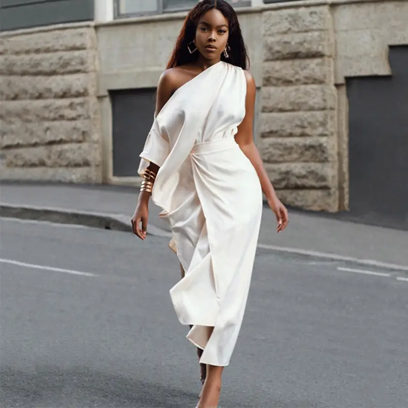 Africano mais recente moda branco um ombro vestido morcego para duas peças perna design dividido