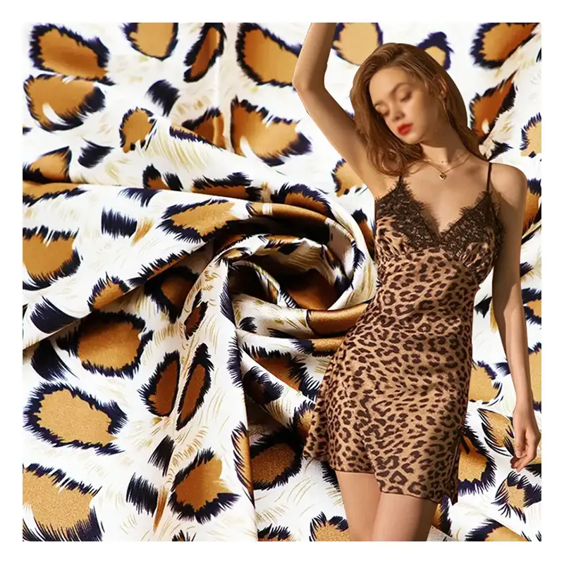 50DX75D estampado de leopardo Impresión digital luz elástica satén vestido tela 95% poliéster 5% spandex tela satén brillante